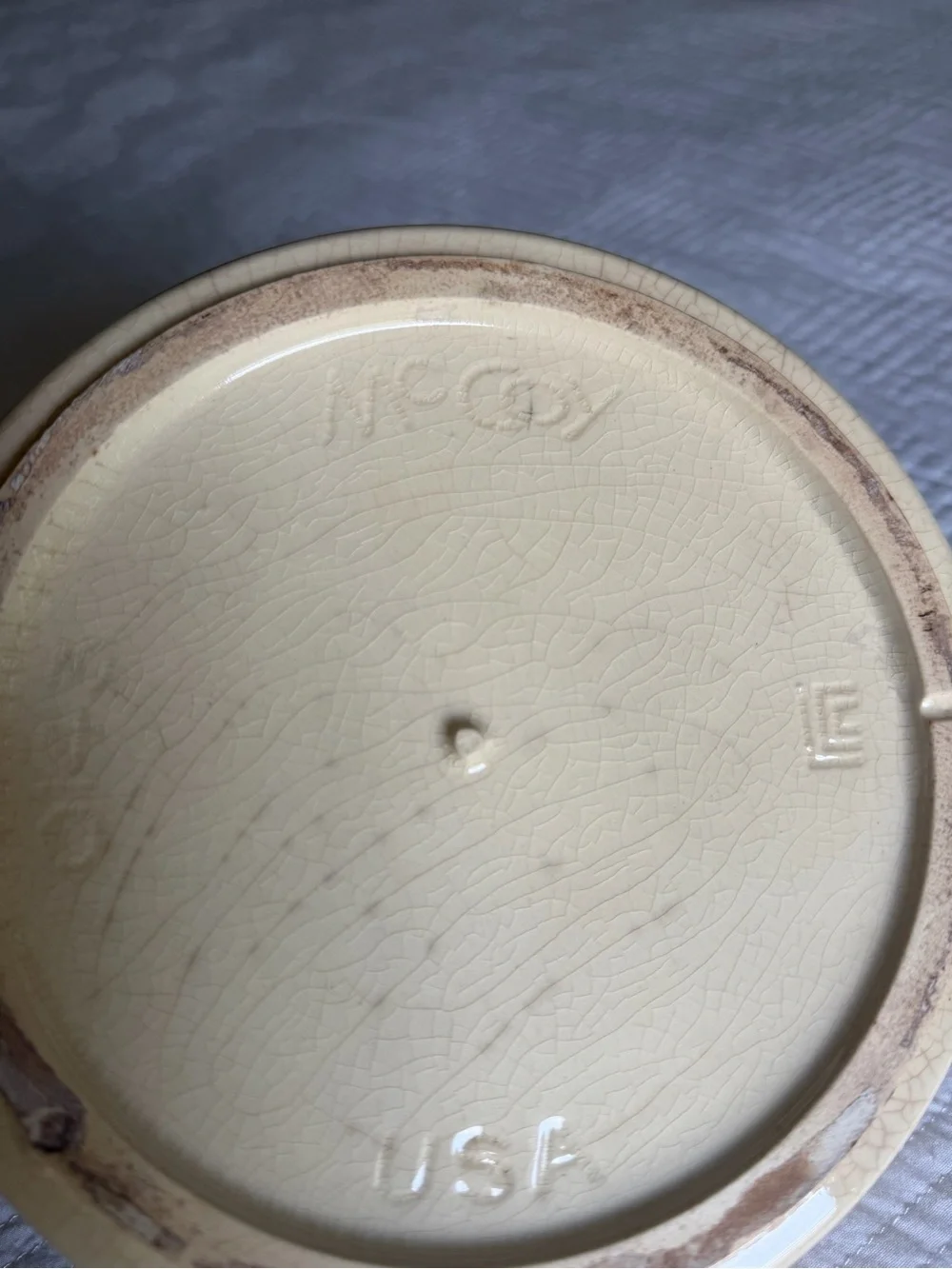 USA made Mccoy Cream Pottery Bowl with Pink and Blue Stripe -Farmhouse Vibe